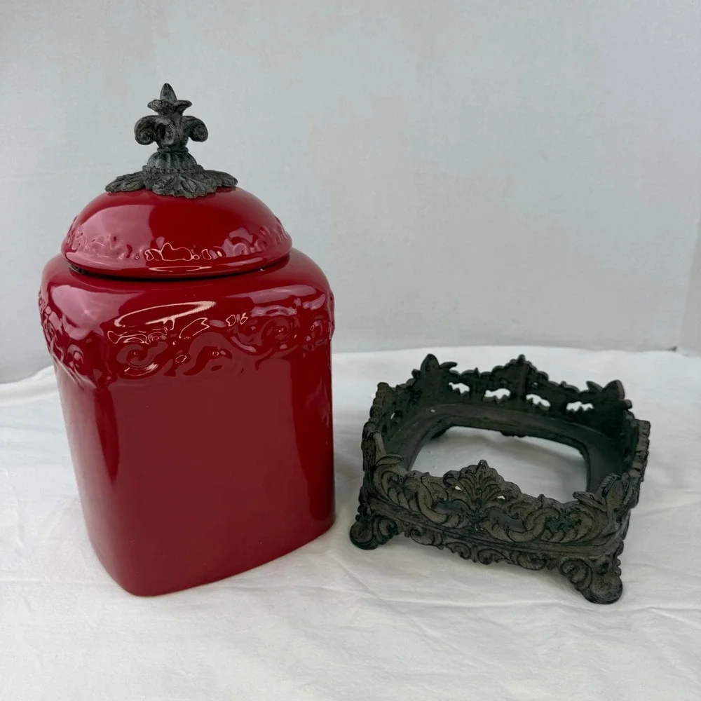 Drake Design Red Ceramic Canister Set of 3 Fleur De Lis Metal Base Kitchen Decor